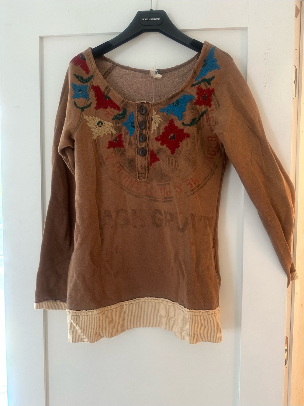 Free People Brown Scoop-Neck Sweater with Red & Blue Floral Embroidery